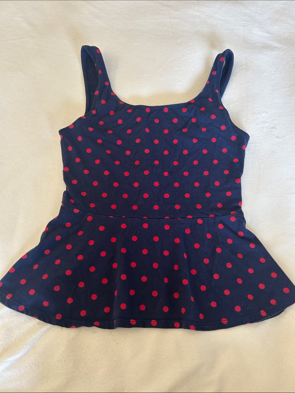 Navy Polka Dot Tank Top with Peplum